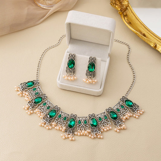 Vintage Emerald Earrings Ethnic Style Square Tassel Bead Pendant Jewelry Suit - FASHIONKULTUR