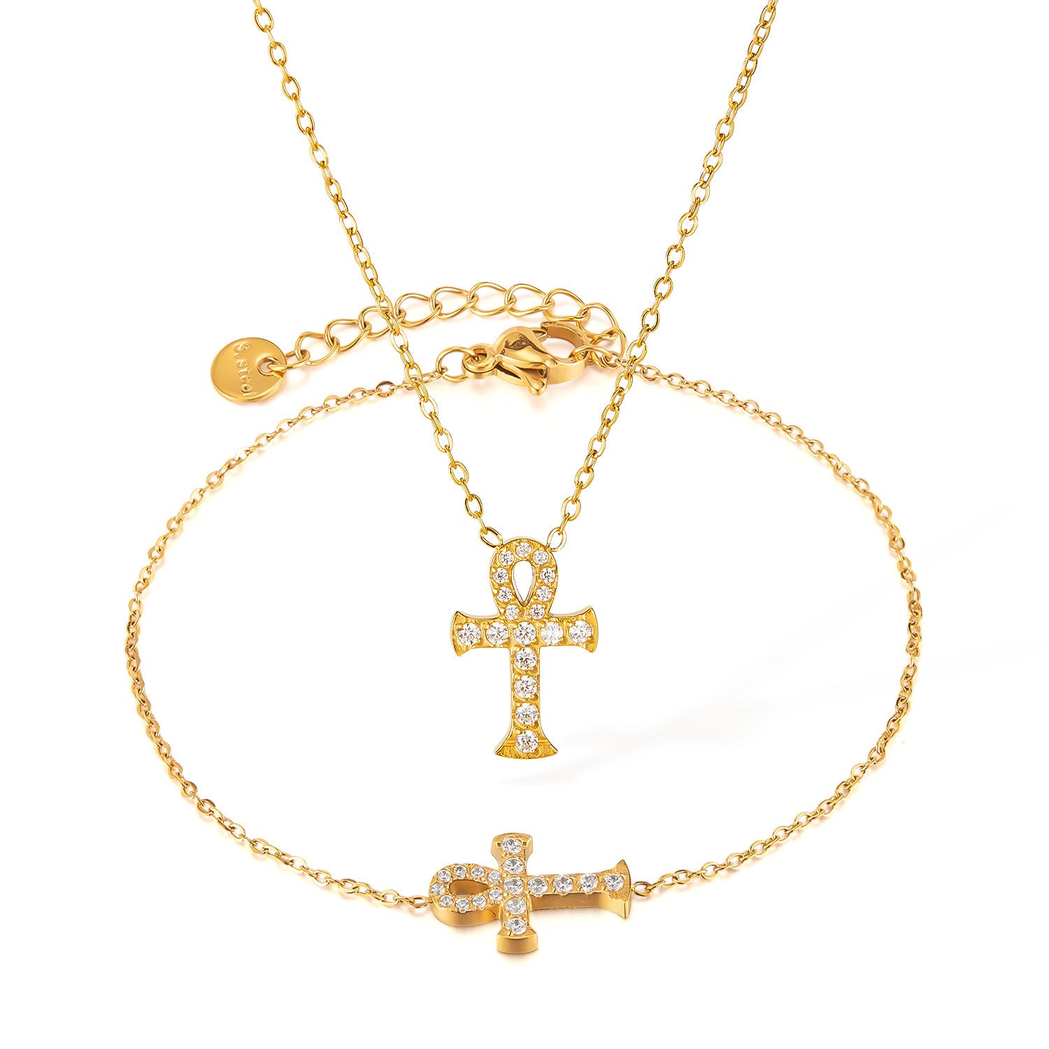OPK Ornament Factory Fashion Commuter Style Bracelet Simple All-match Titanium Steel Full Diamond Temperament Cross Necklace Suit - FASHIONKULTUR