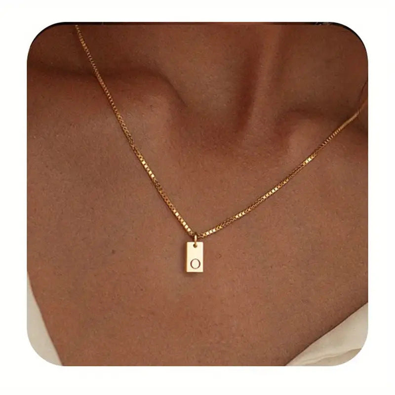 Stainless Steel Corrosion Carved 26 Letters Square Pendant Women's Necklace - FASHIONKULTUR