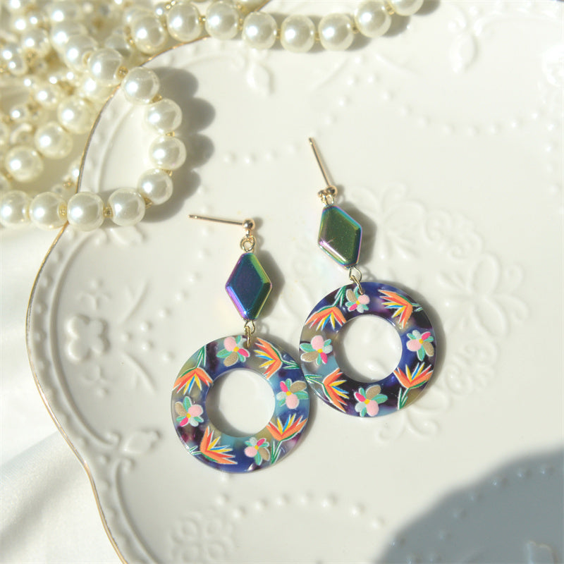 Vintage Embossed Flower Blue Circle Vacation Silver Earrings - FASHIONKULTUR