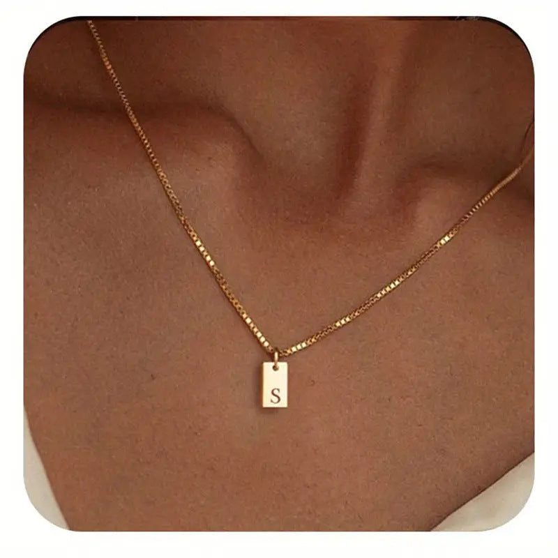 Stainless Steel Corrosion Carved 26 Letters Square Pendant Women's Necklace - FASHIONKULTUR