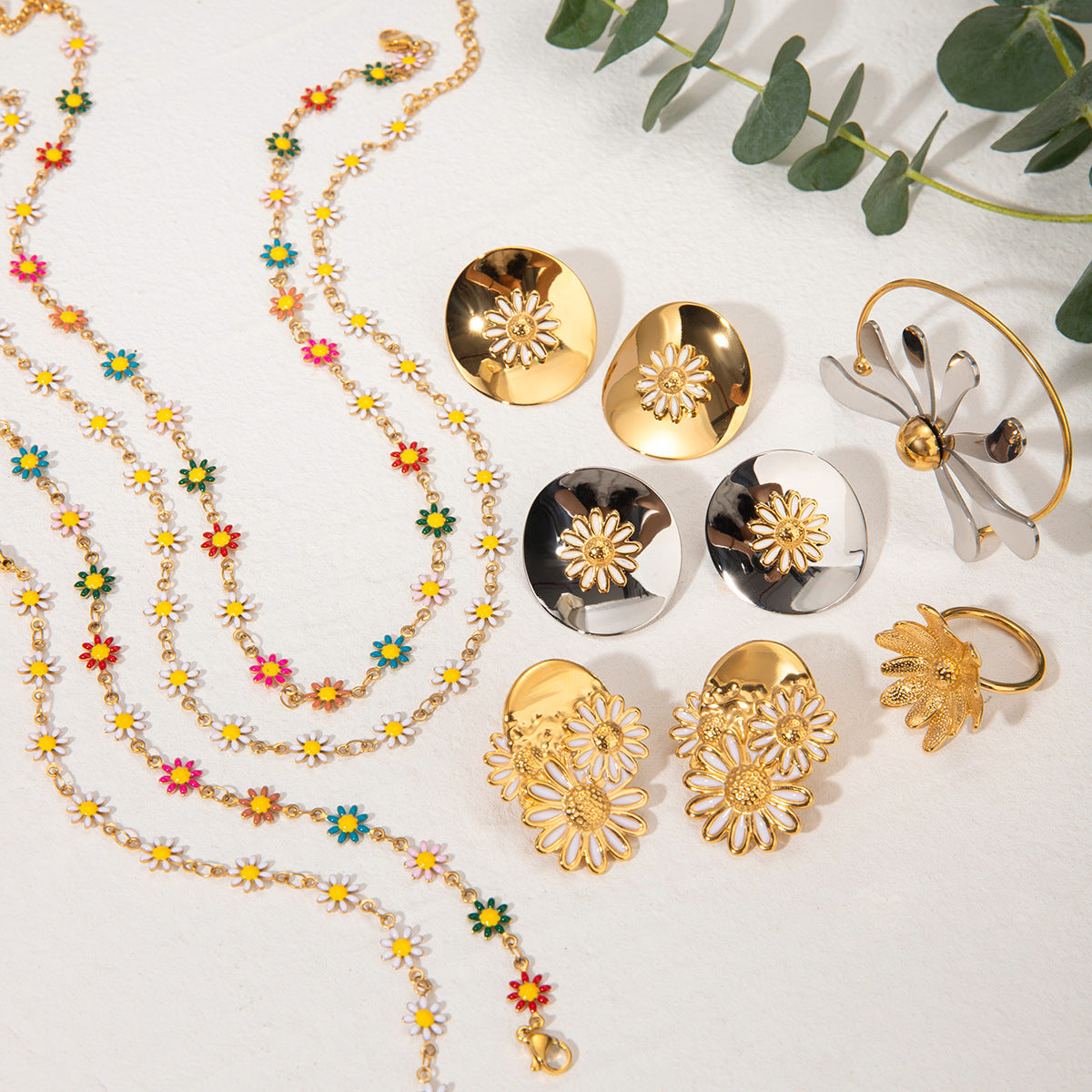 18K Gold Stainless Steel Chrysanthemum Stud Earrings Chain Necklace - FASHIONKULTUR