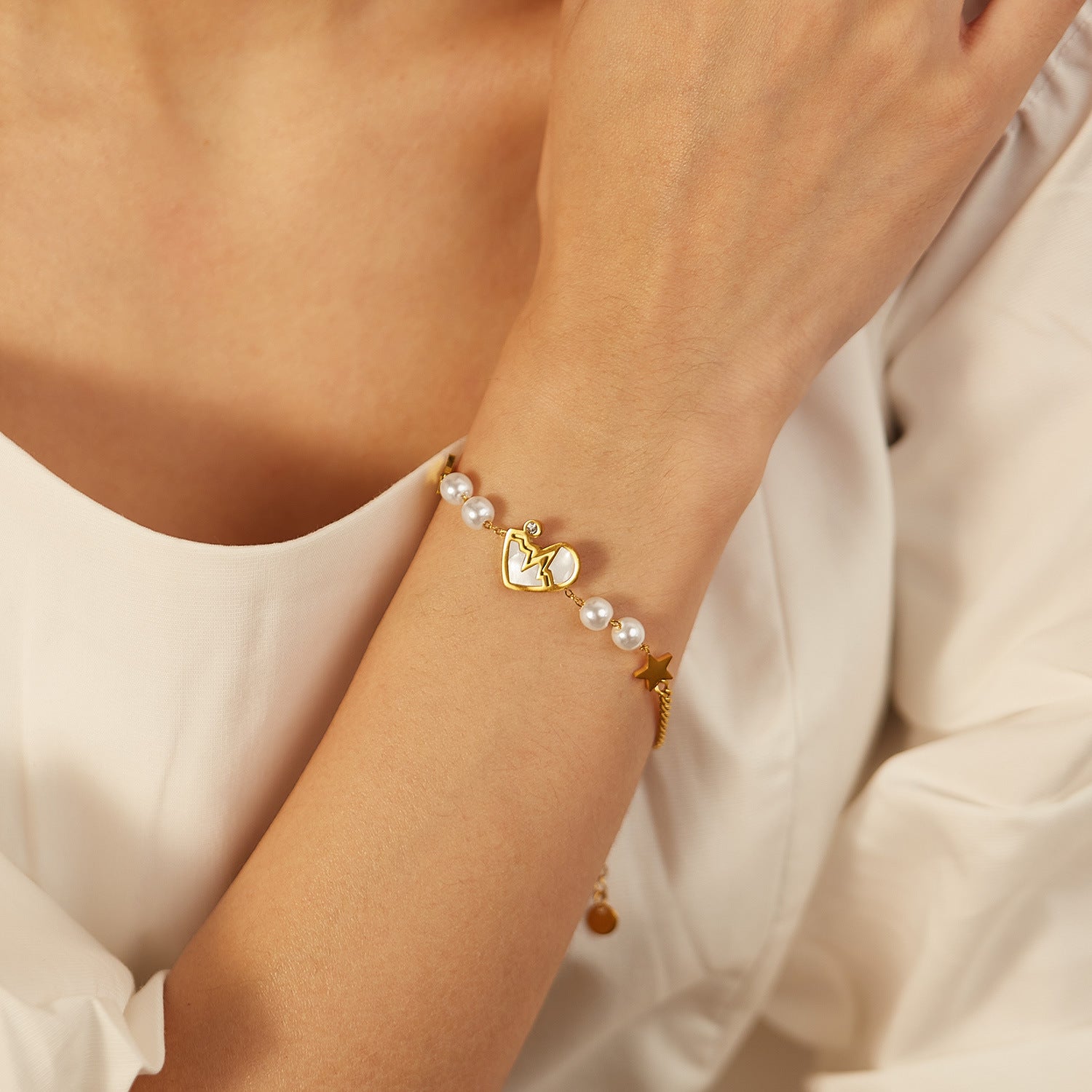 Fashion Simple Five-pointed Star Stainless Steel Heartbeat Pearl Bracelet - FASHIONKULTUR