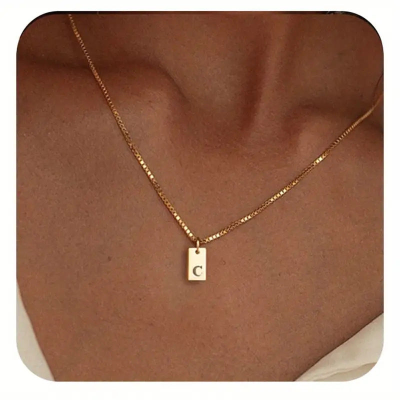 Stainless Steel Corrosion Carved 26 Letters Square Pendant Women's Necklace - FASHIONKULTUR