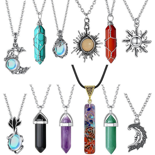 Natural Stone Amethyst Necklace Hexagon Prism Bullet Pendant Moonstone Wire Winding Pendant - FASHIONKULTUR