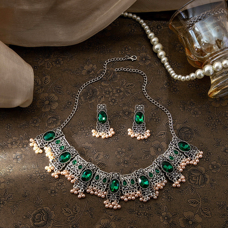 Vintage Emerald Earrings Ethnic Style Square Tassel Bead Pendant Jewelry Suit - FASHIONKULTUR