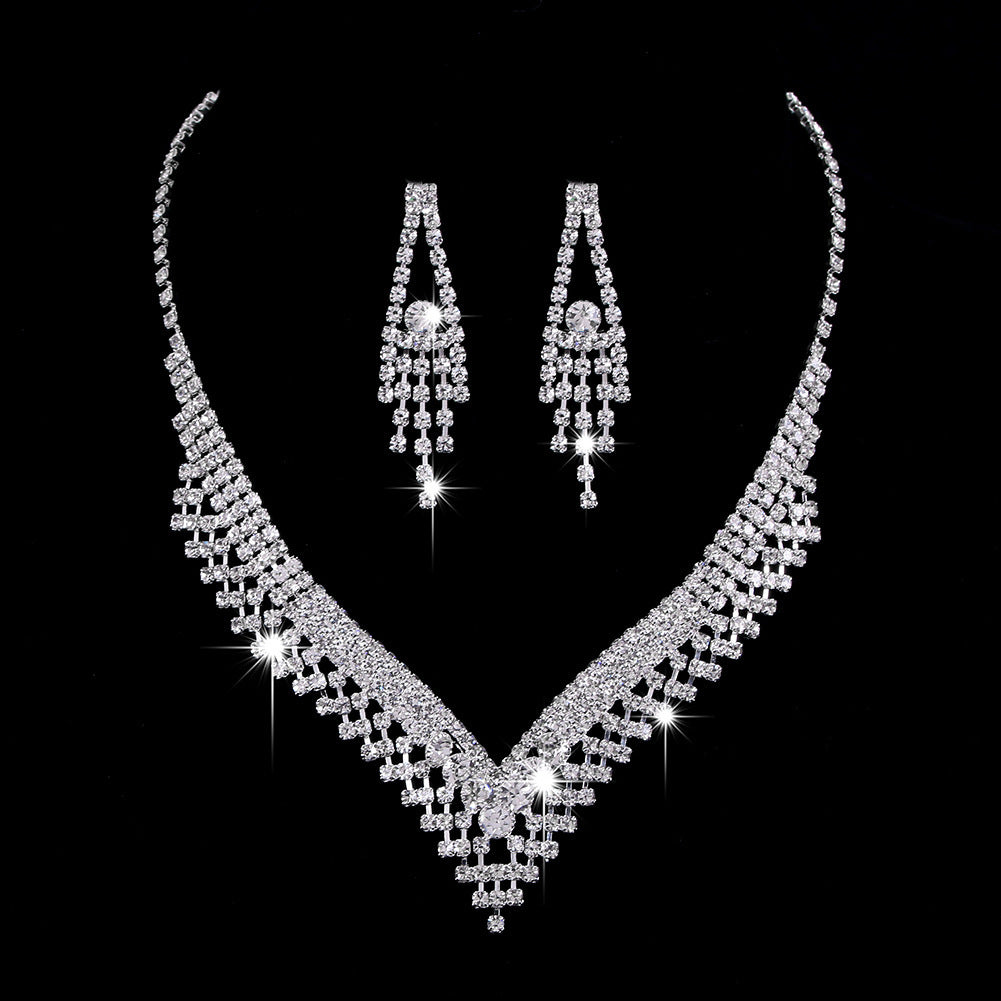 Brilliant Full Diamond Zircon Water Drop Necklace Eardrop Jewelry Set - FASHIONKULTUR