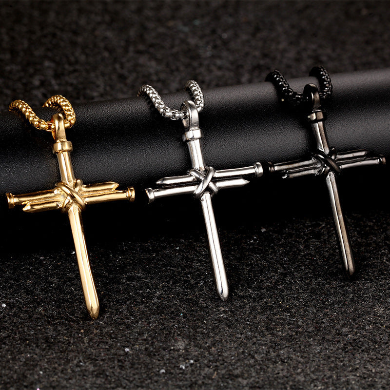 Steel Gold Black Color Fashion Mens Iron Nail Cross Pendant Necklace Stainless Steel 3mm Round Box Chain Jewelry Gift For Men - FASHIONKULTUR
