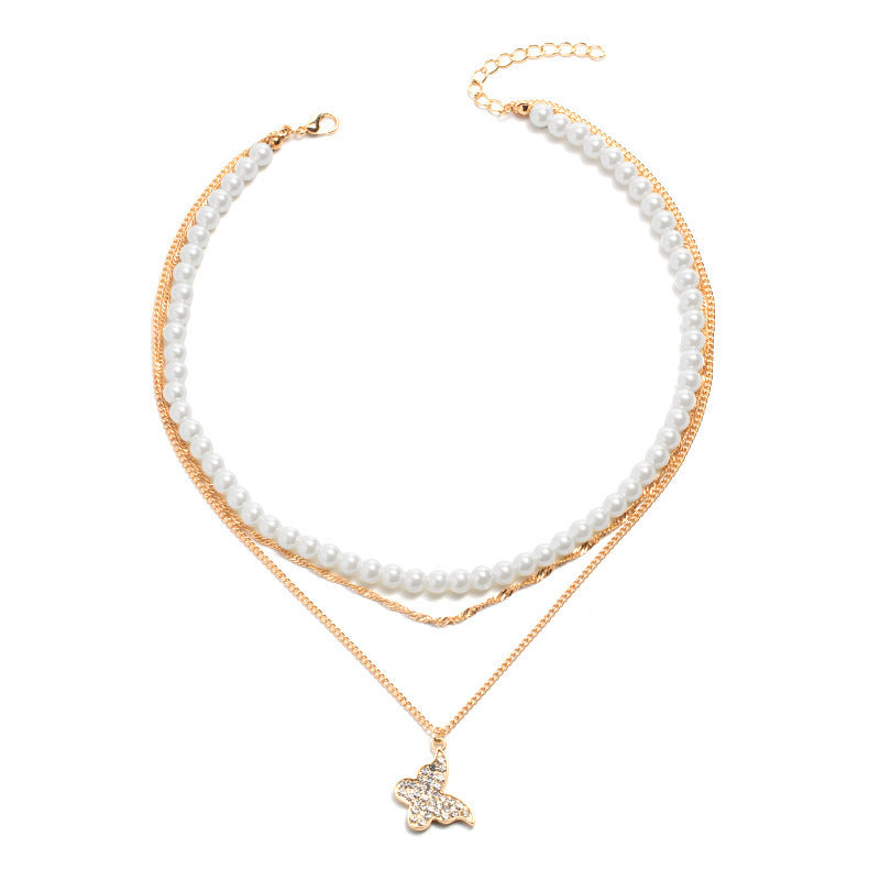 Exquisite Butterfly Multi-layer Pearl Pendant Necklace Set Women Shining Temperament Girlfriend Party Gift Fashion Jewelry - FASHIONKULTUR