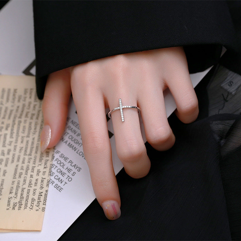 European And American Simple INS Style Cross Open Ring Female 925 Sterling Silver Niche Design - FASHIONKULTUR