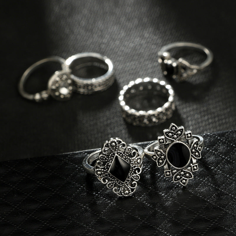 Personalized Hollow Lotus Sunflower Geometric Black Gemstone Set Ring - FASHIONKULTUR