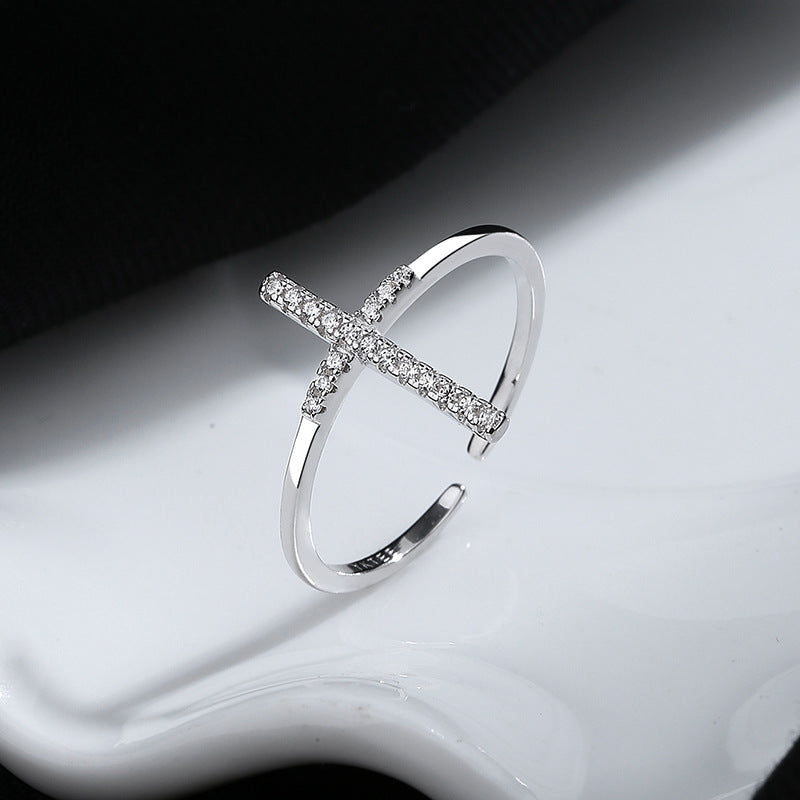 European And American Simple INS Style Cross Open Ring Female 925 Sterling Silver Niche Design - FASHIONKULTUR