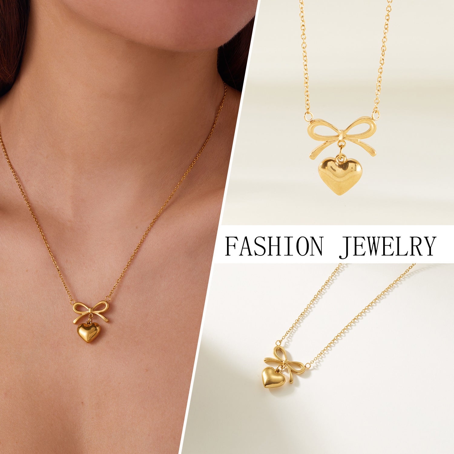 Stainless Steel New Fashion Fine Waterproof Jewelry Love Heart Bowknot Shape Charm Chain Choker Necklaces Pendant For Women Fashion Jewelry - FASHIONKULTUR