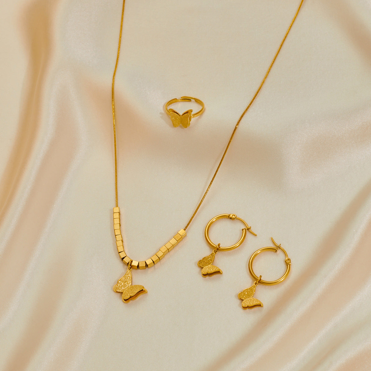 Stainless Steel Jewelry Set Necklace Earrings Ring Three-piece Set - FASHIONKULTUR