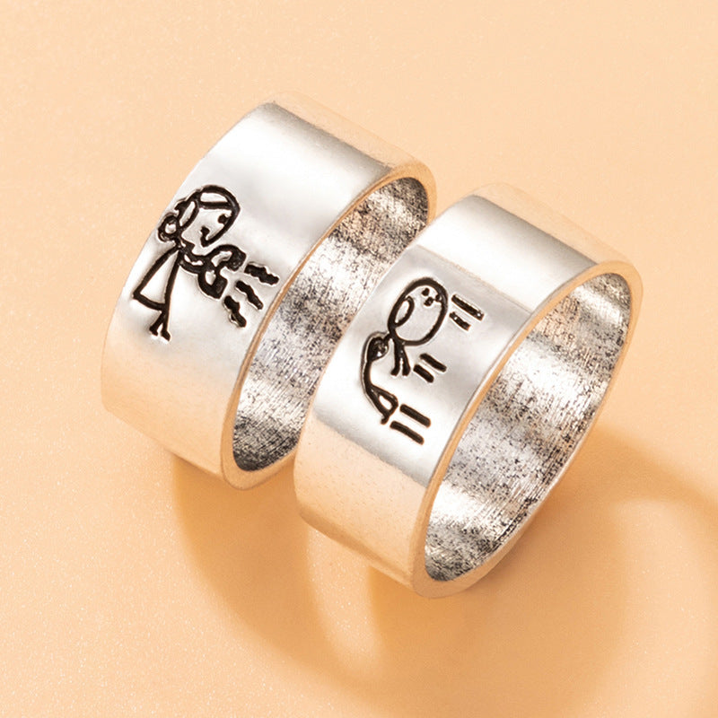 Cartoon Love Pair Ring Set With Geometric Letters - FASHIONKULTUR