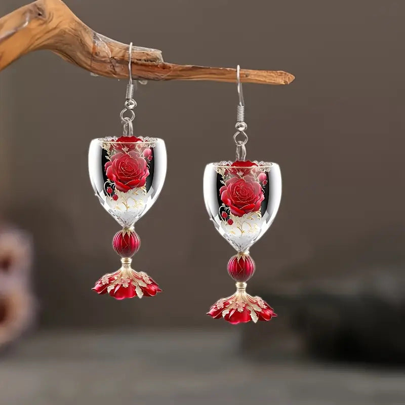 Valentine's Day Rose Wine Glass Acrylic Earrings - FASHIONKULTUR