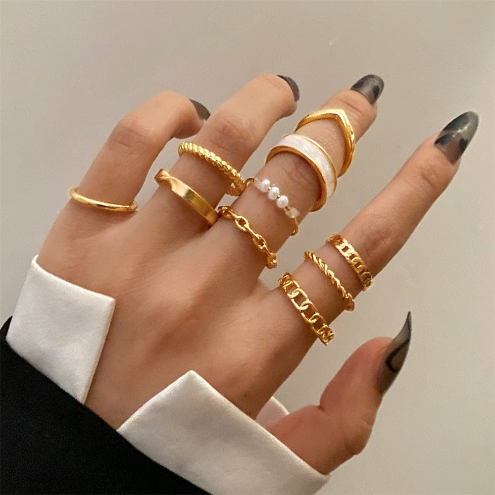 European And American Butterfly Pearl Ring 10-piece Metal Dripping Pearl Ring Wholesale - FASHIONKULTUR