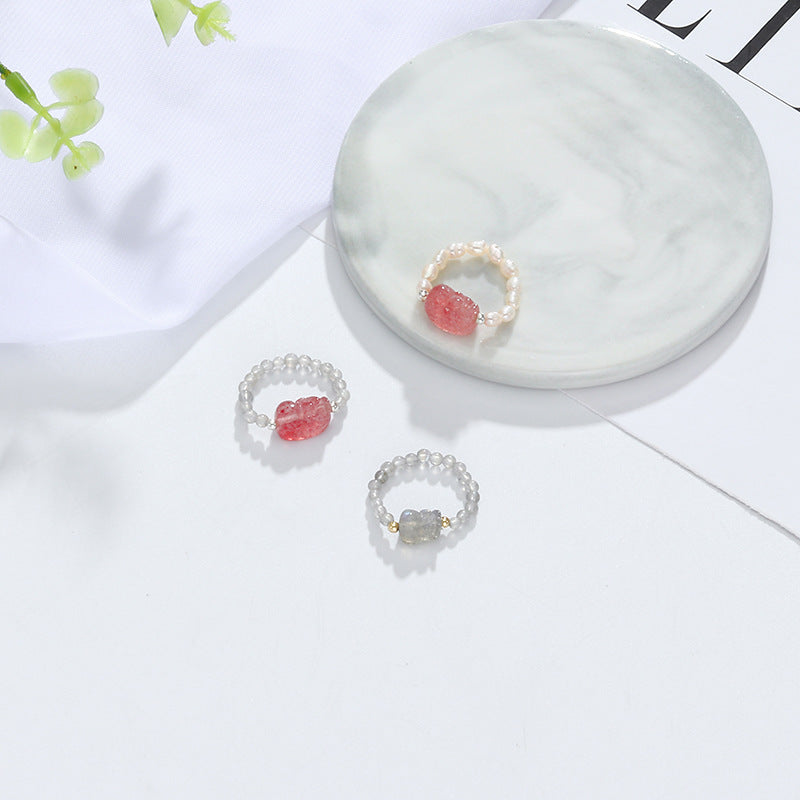 Crystal Ring Women's New Strawberry Crystal Grey Moonlight - FASHIONKULTUR
