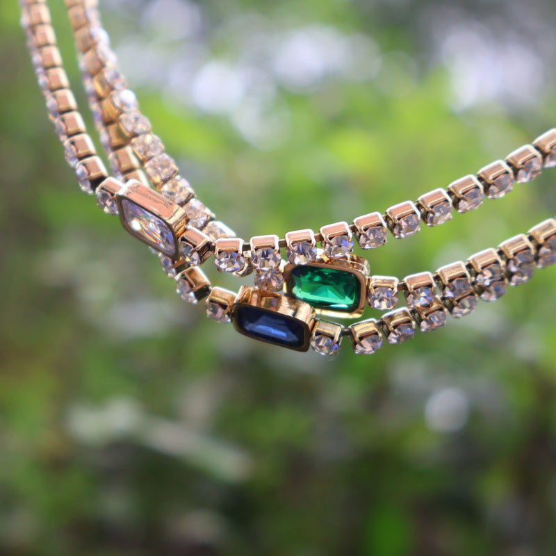 Tennis Zircon Light Luxury Emerald Stainless Steel Plated 18K Gold Necklace - FASHIONKULTUR
