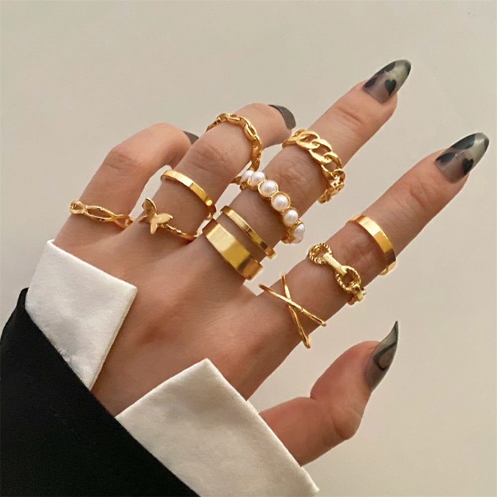 European And American Butterfly Pearl Ring 10-piece Metal Dripping Pearl Ring Wholesale - FASHIONKULTUR