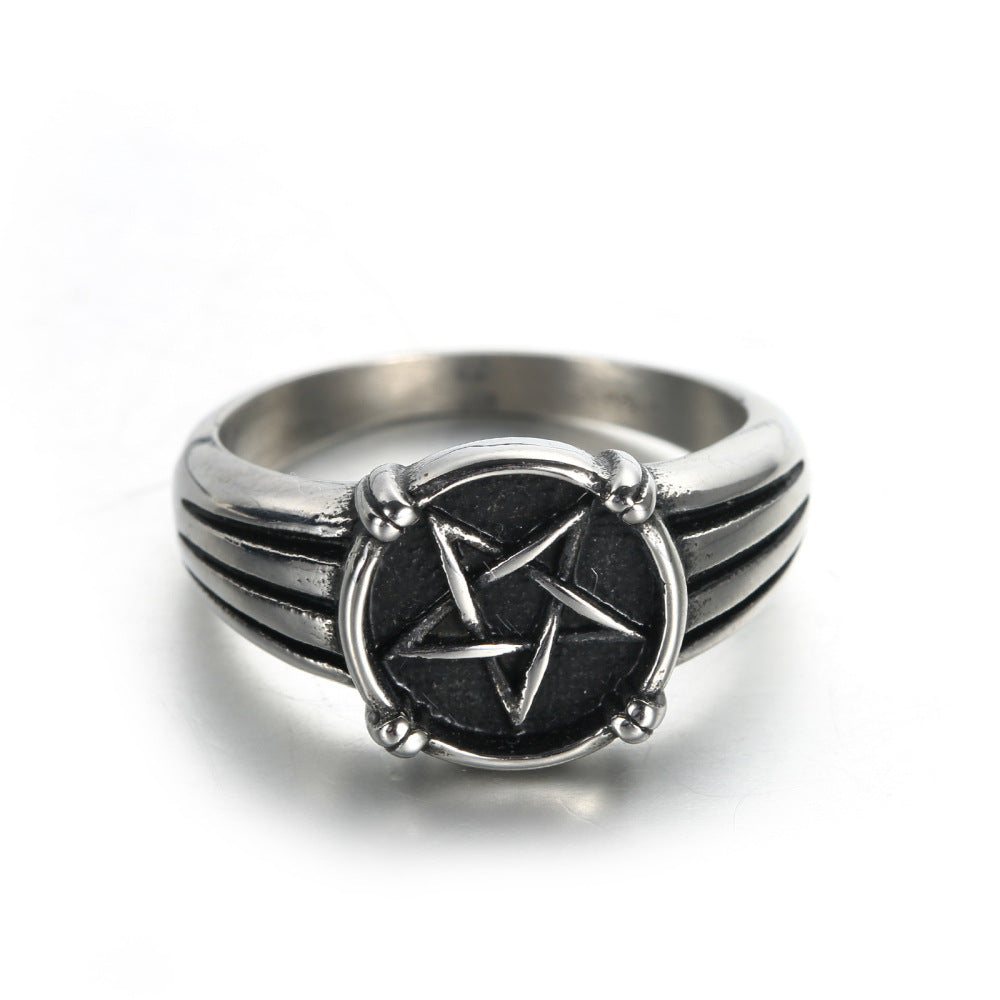 European And American Retro Men's Stainless Steel Pentagram Ring - FASHIONKULTUR