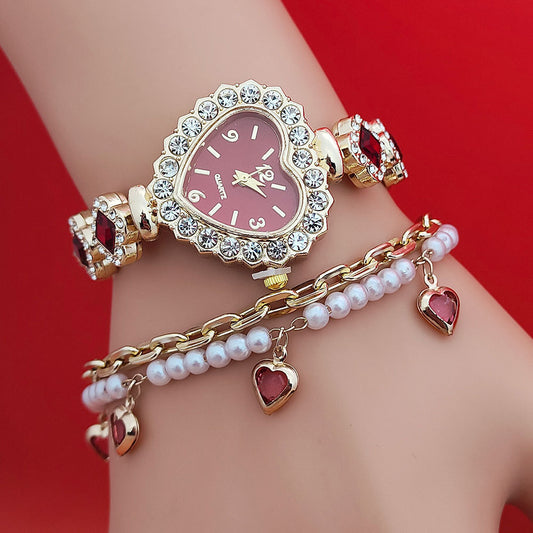 Fashion Diamond-embedded Love Heart-shaped Bracelet Watch Suit - FASHIONKULTUR