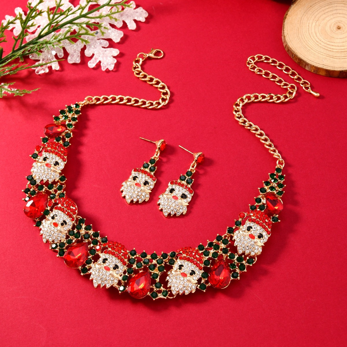 3pcs Christmas Necklace Earrings Set With Colored Rhinestones Ins Fashionable Shiny Santa Claus Necklace For Womens Jewelry - FASHIONKULTUR