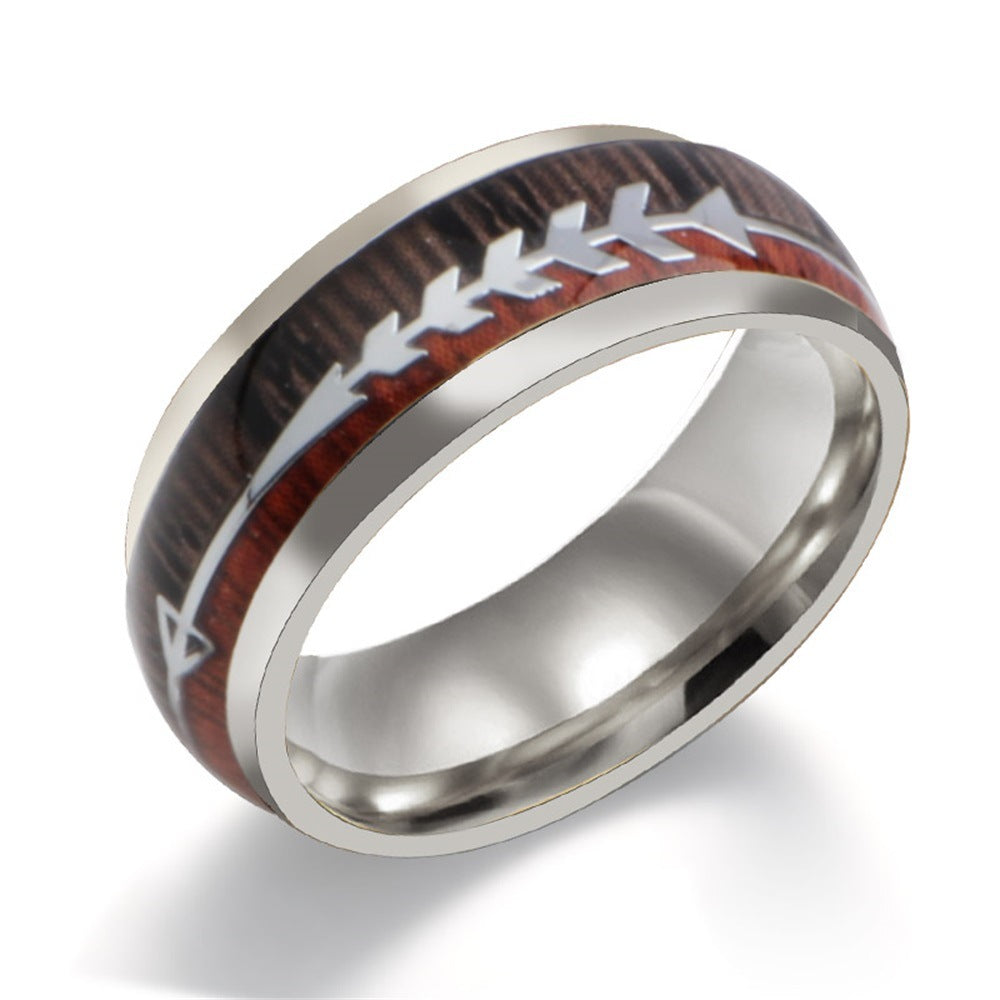 Stainless Steel Wood Grain Arrow Inlaid Ring - FASHIONKULTUR