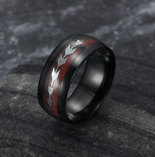 Stainless Steel Wood Grain Arrow Inlaid Ring - FASHIONKULTUR