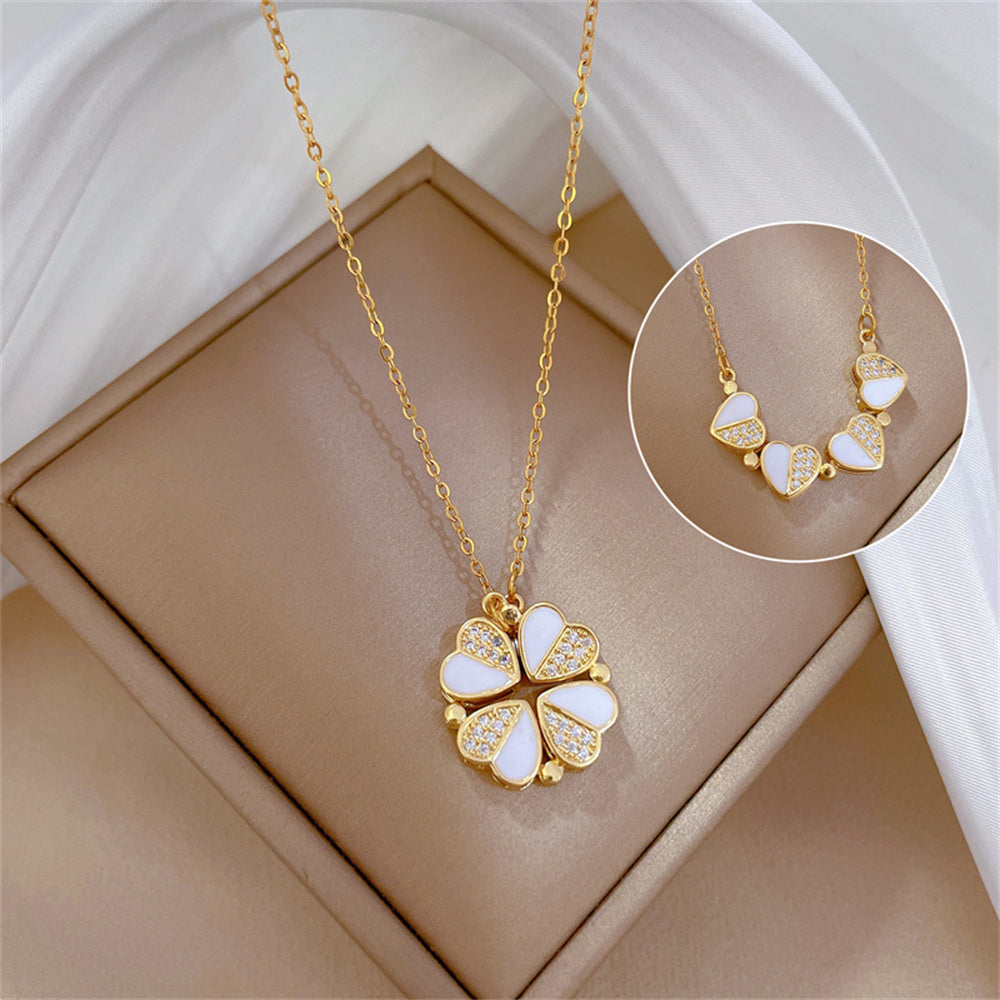 Luxury Four Leaf Clover Pendant Necklace Stainless Steel Crystal Heart Jewelry For Women Gift - FASHIONKULTUR