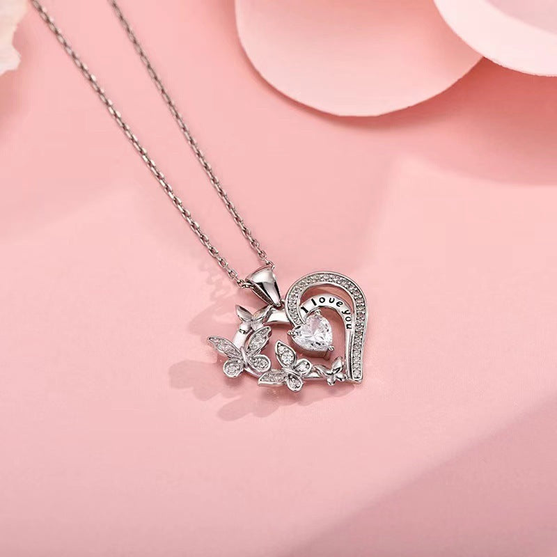 Ins Butterfly Love Necklace With Rhinestones Fashion Personality Hollow Heart-shaped Clavicle Chain Pendant Necklace For Valentine's Day - FASHIONKULTUR