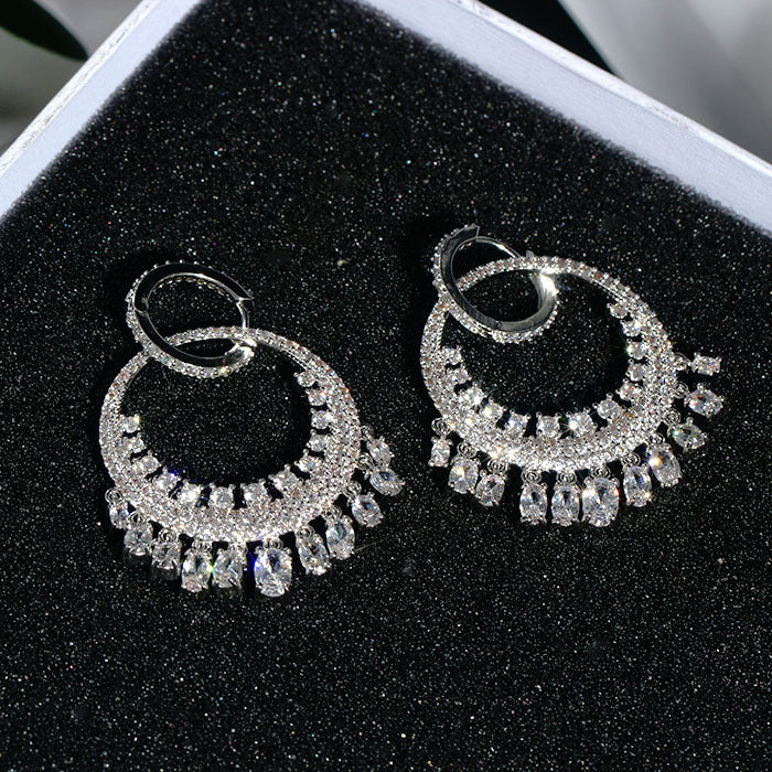 Luxury Diamond Earrings Micro-inlaid Zircon Large Circle Tassel Earrings - FASHIONKULTUR