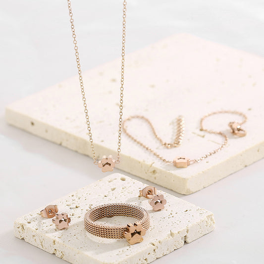 Ring Mesh Cat's Paw Stainless Steel Necklace Bracelet Cute Pet Four-piece Ring Set Jewelry - FASHIONKULTUR