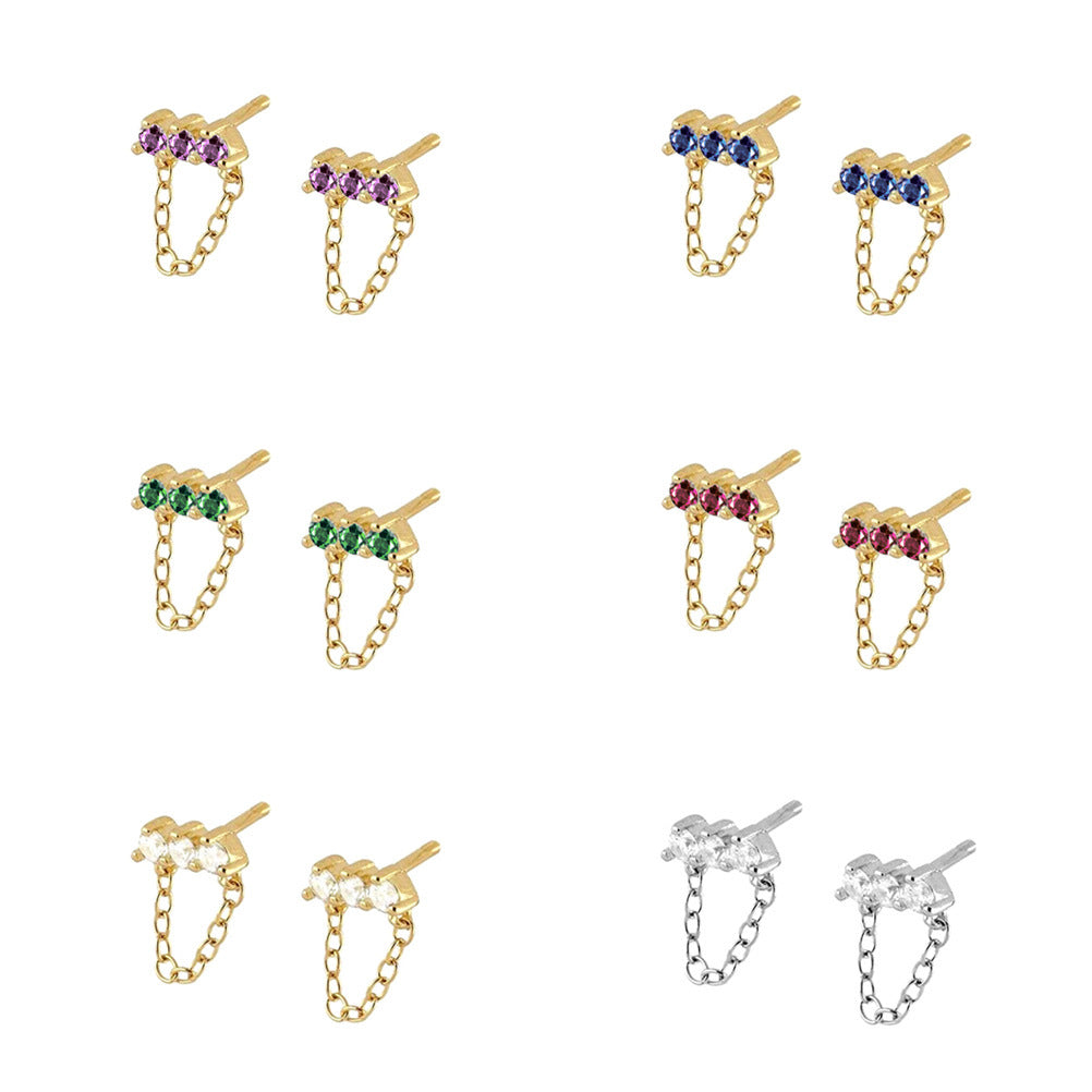 Sterling Silver Needle Simple Three Zircon Hanging Ear Chain Earrings - FASHIONKULTUR
