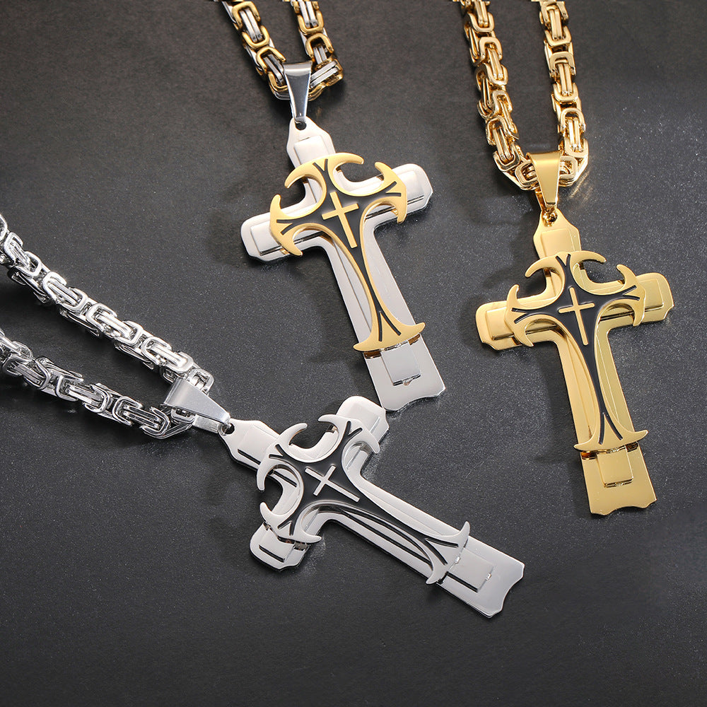 Fashion Jewelry Christian Trinity Latin Cross Necklace For Men Stainless Steel Three Layers Cross Pendants Necklaces Jewelry Gift - FASHIONKULTUR