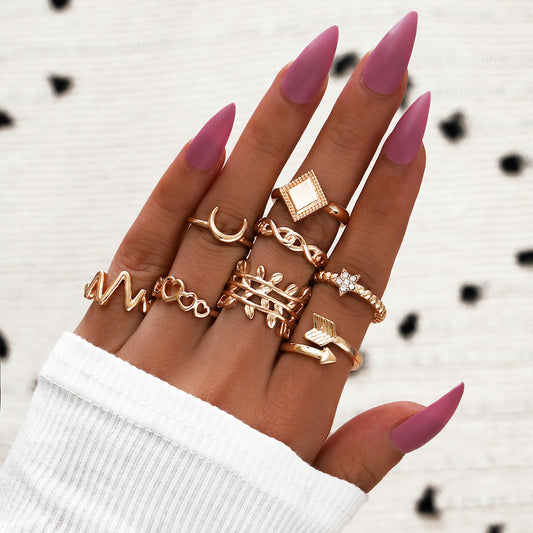 ECG Hollow Heart Star Moon Boat Anchor Square 8-piece Ring Set - FASHIONKULTUR