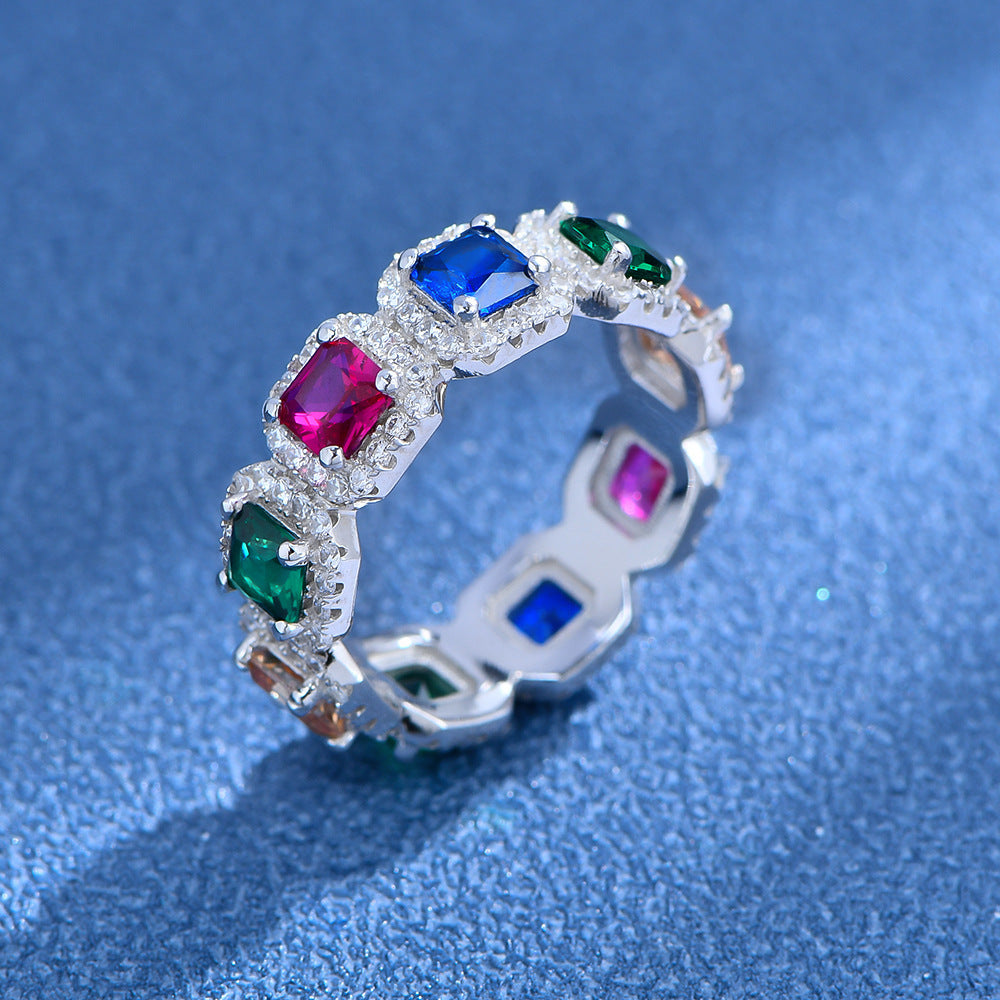 Women's Fashion Square Diamond Row Sterling Silver Finger Ring - FASHIONKULTUR