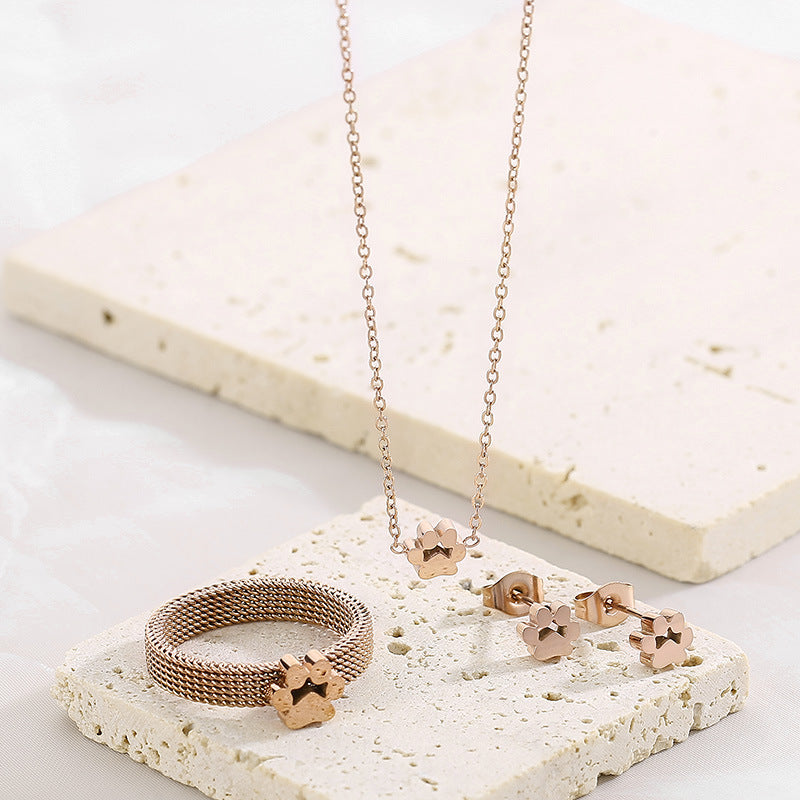 Ring Mesh Cat's Paw Stainless Steel Necklace Bracelet Cute Pet Four-piece Ring Set Jewelry - FASHIONKULTUR
