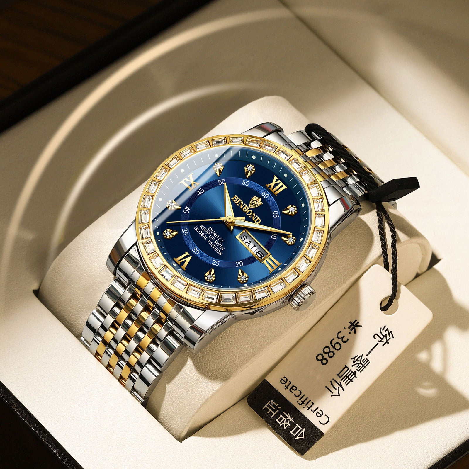 Business Diamond-embedded Mechanical Watch Double Calendar Waterproof Luminous - FASHIONKULTUR