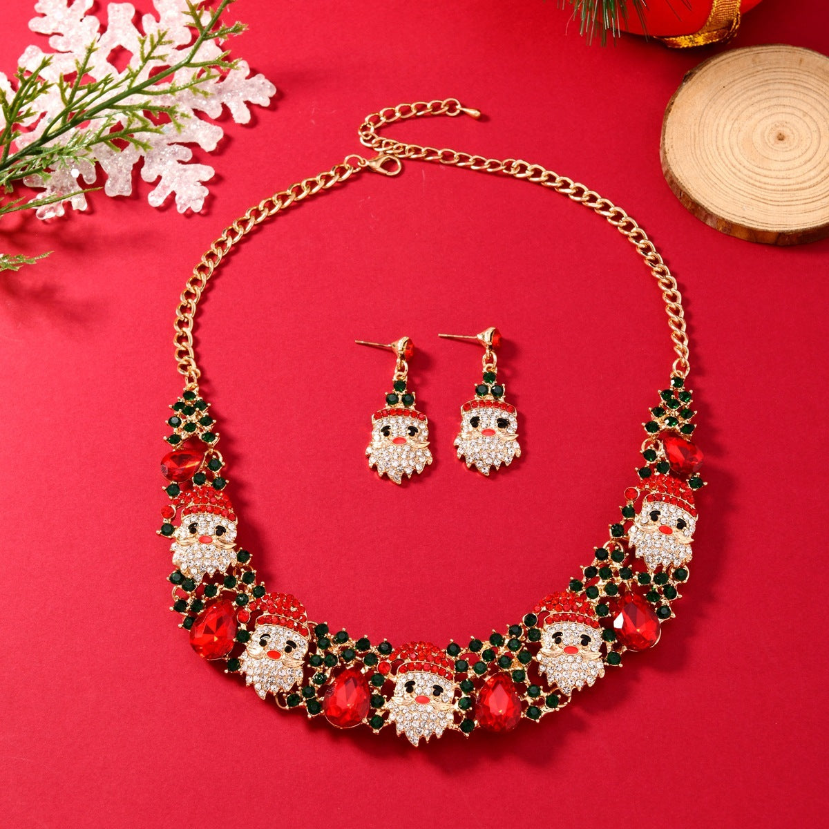 3pcs Christmas Necklace Earrings Set With Colored Rhinestones Ins Fashionable Shiny Santa Claus Necklace For Womens Jewelry - FASHIONKULTUR