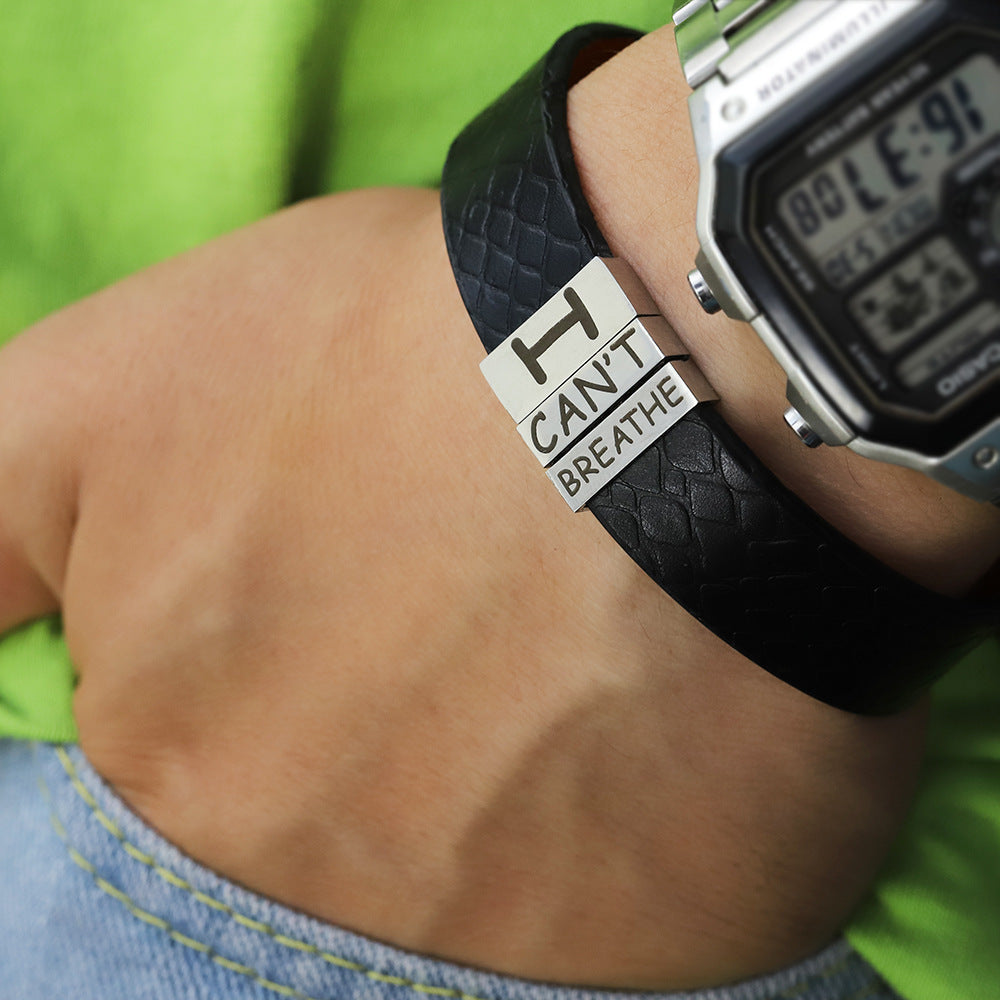 Men's Simple Black Cowhide Stainless Steel Bracelet - FASHIONKULTUR