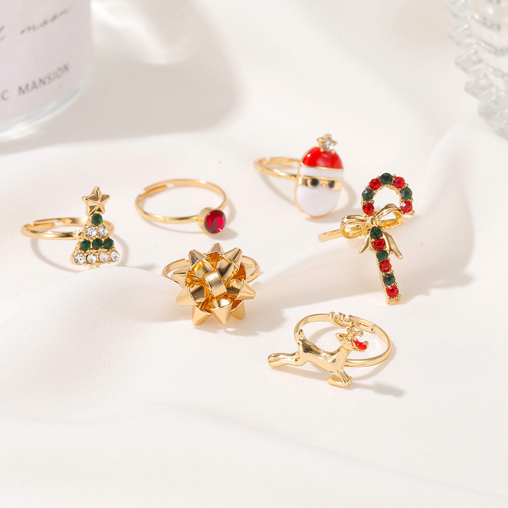 6pcs Santa Claus Christmas Tree Elk Rings Cute Cartoon Christmas Open Adjustable Ring Oil Drop Jewelry - FASHIONKULTUR
