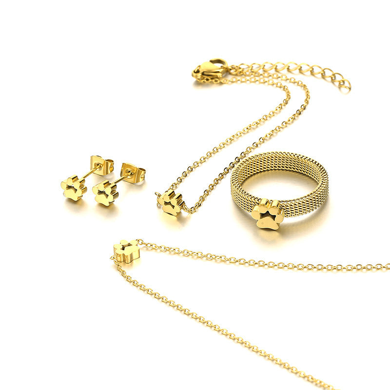 Ring Mesh Cat's Paw Stainless Steel Necklace Bracelet Cute Pet Four-piece Ring Set Jewelry - FASHIONKULTUR