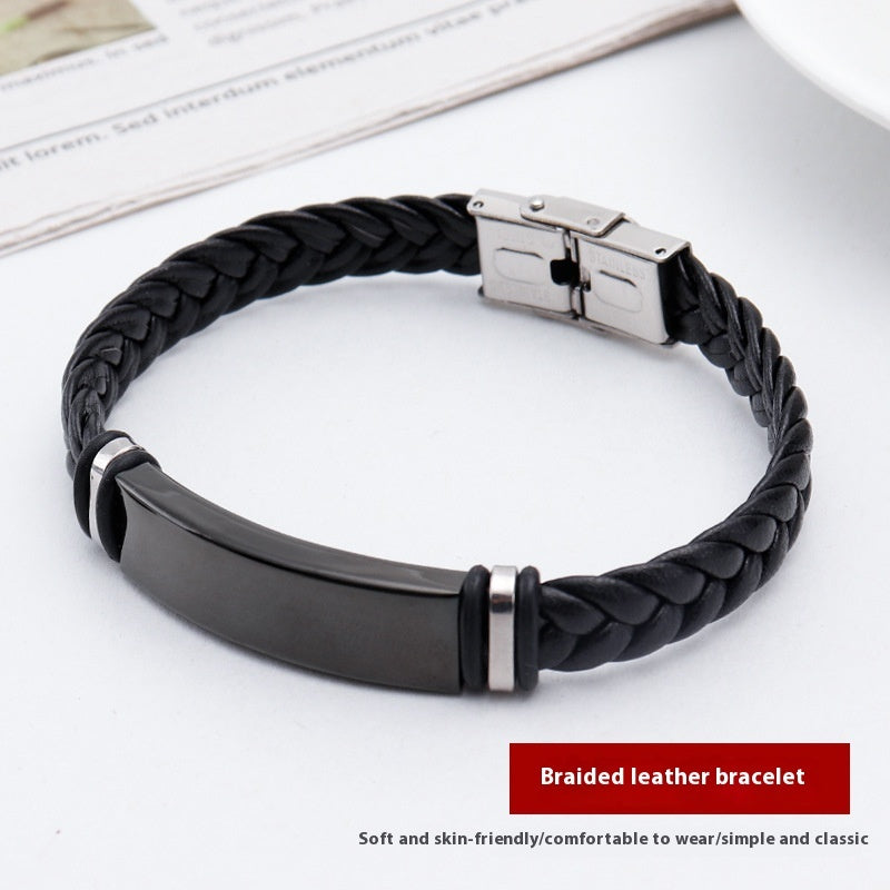 Men's Titanium Light Plate Lettering Stainless Steel Leather Braided Rope Bracelet - FASHIONKULTUR
