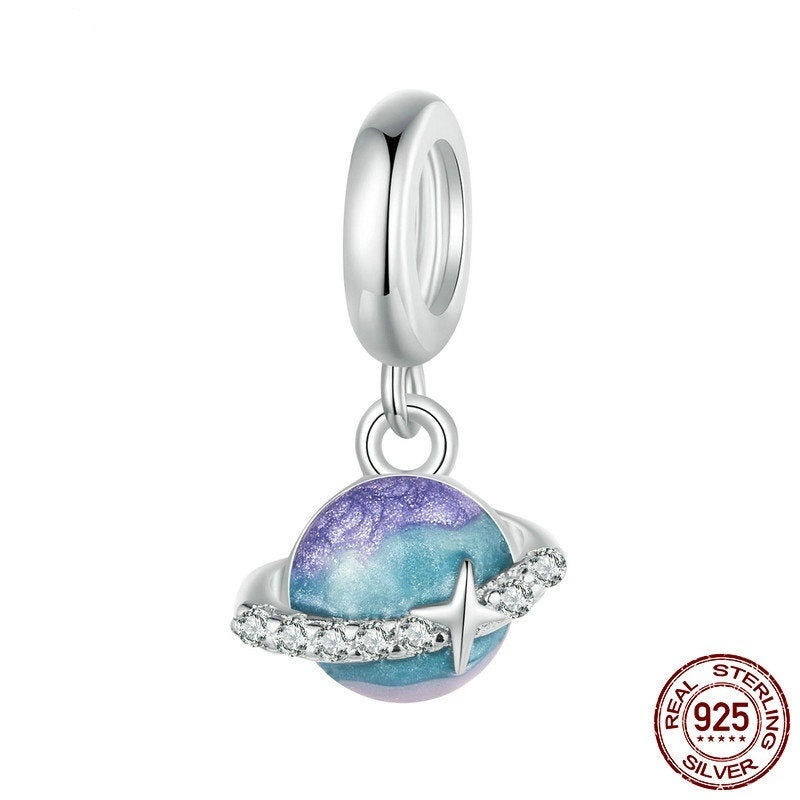 Blue Purple Planet Beaded S925 Sterling Silver White Gold Plated Scattered Beads Pendant Diy - FASHIONKULTUR