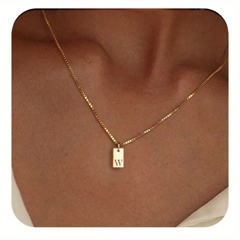 Stainless Steel Corrosion Carved 26 Letters Square Pendant Women's Necklace - FASHIONKULTUR