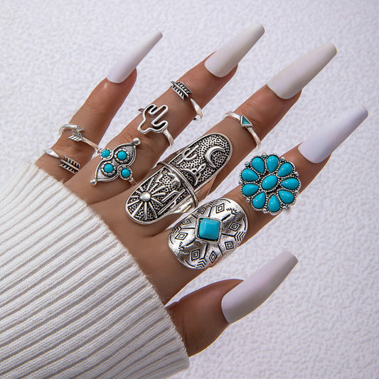 Turquoise Open 9-Piece Ring Set - FASHIONKULTUR