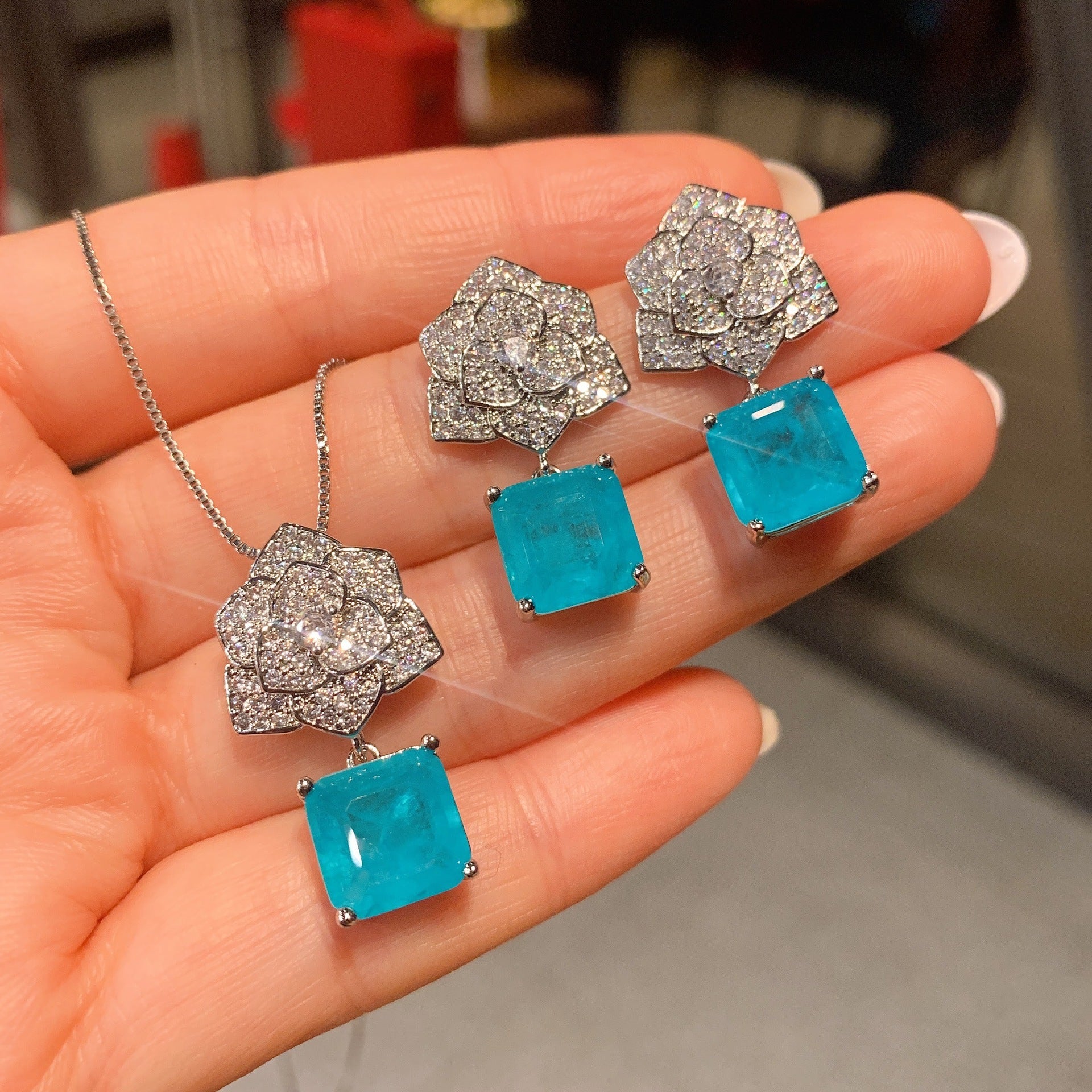 Paraiba Ring Necklace Stud Earrings Jewelry Set - FASHIONKULTUR