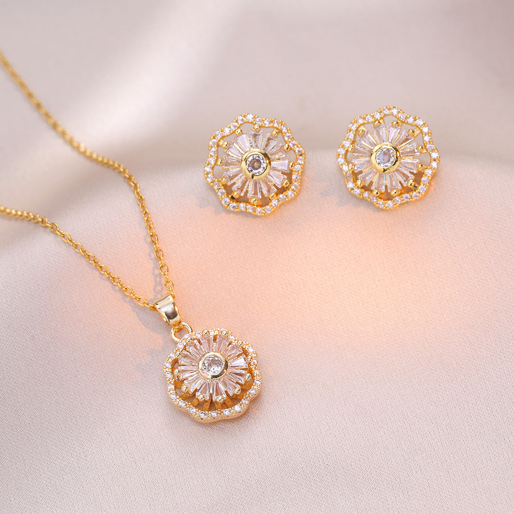 Niche Ins Zircon Flower Rotating Earrings Necklace - FASHIONKULTUR