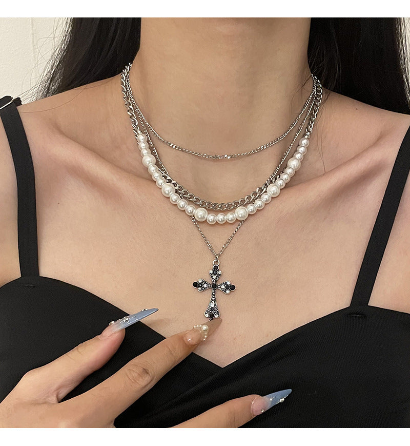 Fashion Personalized Multi-Layered Pearl Cross Pendant Necklace Clavicle Chain For Women Temperament Jewelry Accessories Gifts - FASHIONKULTUR